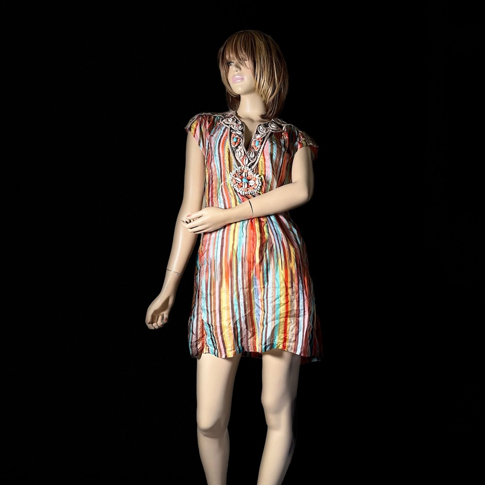 Multicolor Small All Silk Striped Dress Turquoise Cowrie Shell Coral Jewels.